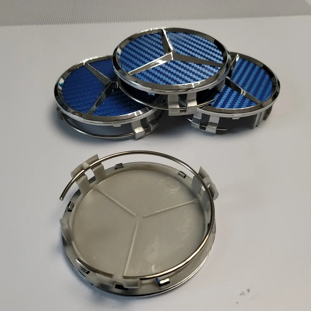 4 Blue Carbon Fiber WHEEL CENTER HUB CAPS EMBLEM FITS MERCEDES BENZ 75MM/3INCH - Picture 3 of 5